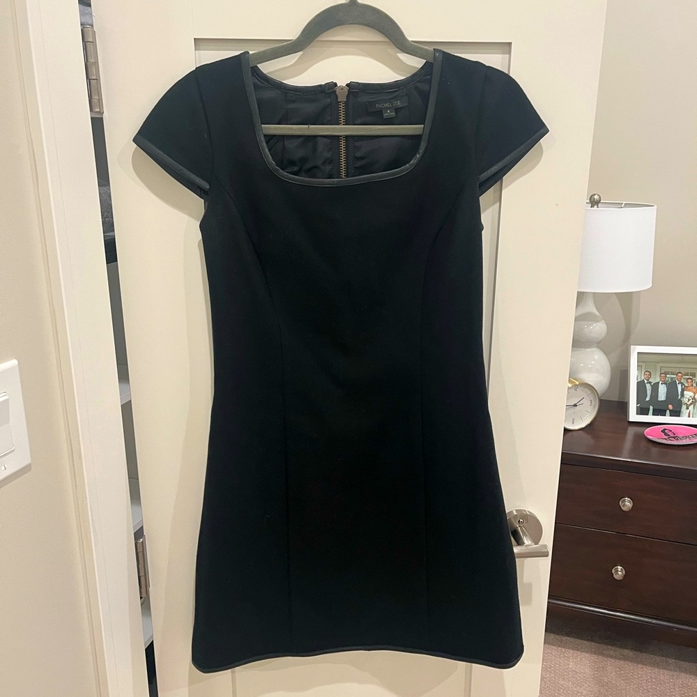 Black Square Neck Structured Wool Dress with Black Leather Trim